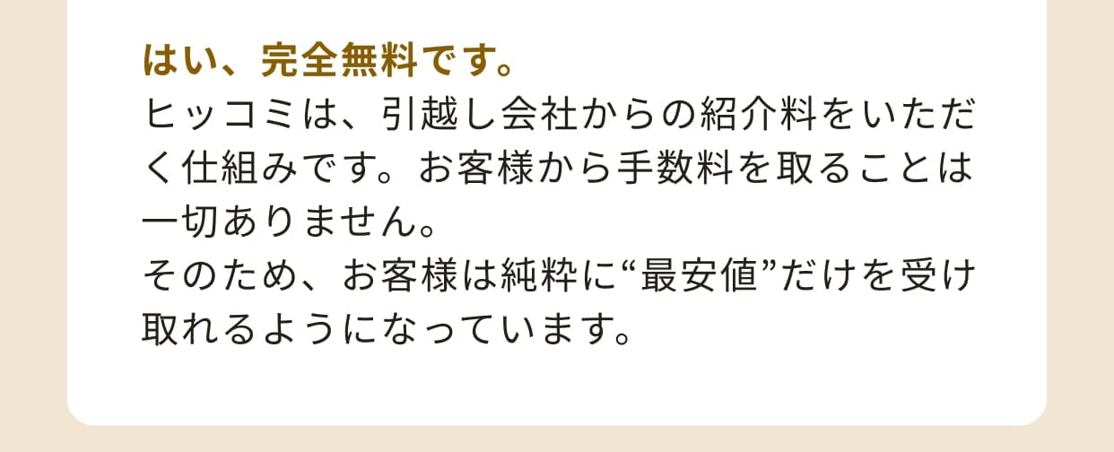 はい、完全無料です。ヒッコミは、引越し会社からの紹介料をいただく仕組みです。お客様から手数料を取ることは一切ありません。そのため、お客様は純粋に“最安値”だけを受け取れるようになっています。